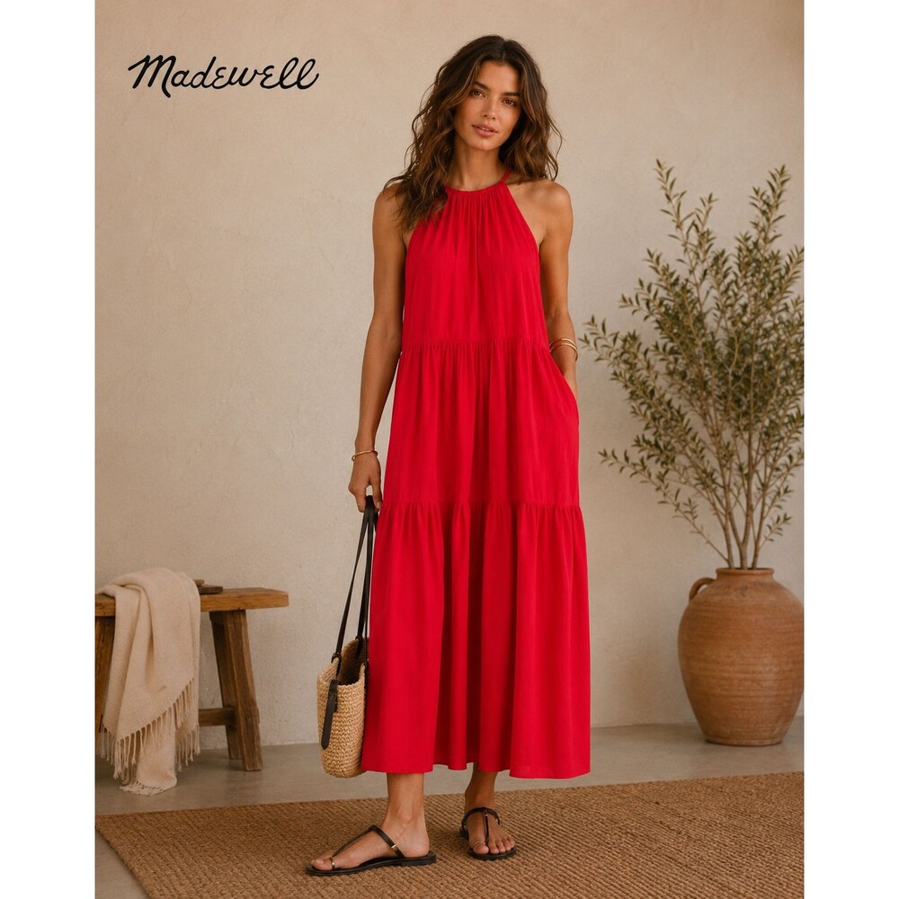 MADEWELL‎ Womens New Maxi Dress XXS Red 100% Silk Tiered Halter Casual